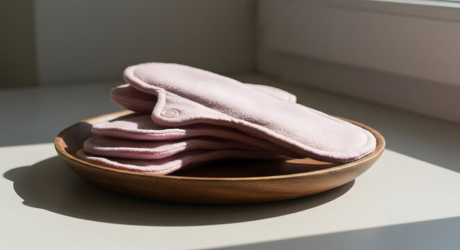 Pink Cloth Menstrual Pads Stacked on Wooden Plate Near Window in Natural Light