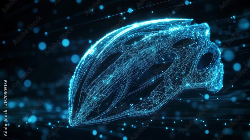 Poster Abstract digital rendering of a cycling helmet, glowing blue lines and dots on dark background.