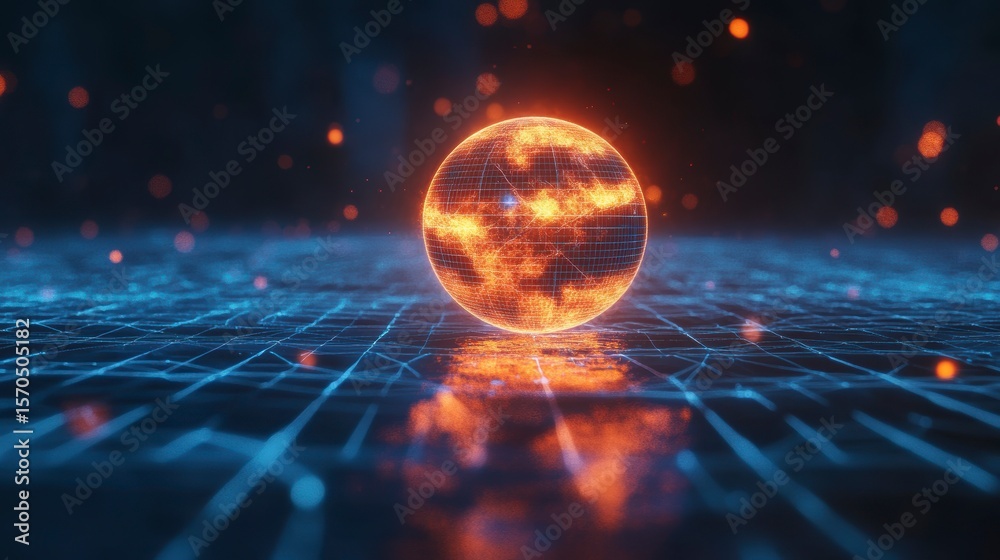 Poster fiery globe on digital grid, futuristic technology concept.