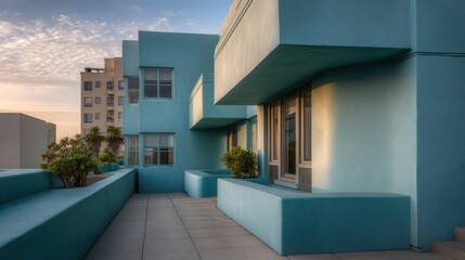 Teal-trimmed art deco building with soft-cornered corners golden hour light illuminating brushed aluminum textured cement deep ambient shadows