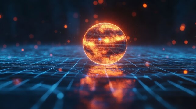 Fiery globe on digital grid, futuristic technology concept. - Powered by Adobe