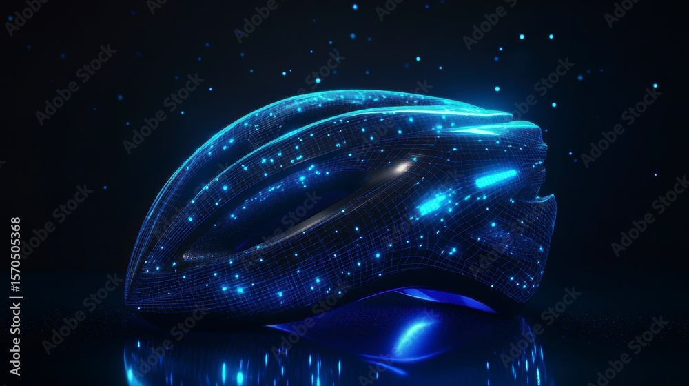 Poster futuristic cycling helmet with glowing blue digital lines and particles, reflecting on dark surface.