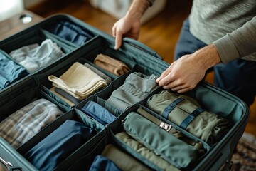 Person preparing clothes and accessories for a summer vacation trip, organizing luggage with care, Generative AI