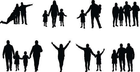 Silhouettes of happy families, parents and children walking, pointing, bonding, black and white style, family love, outdoor togetherness moments