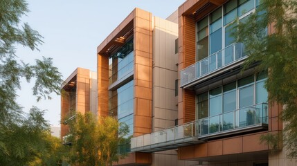 Terracotta-toned mid-rise business buildings with wood fins large windows early morning sidelight casting shadows trees glass railings with