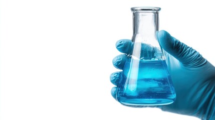 Scientist hand wearing blue glove holding Erlenmeyer flask filled with bright blue chemical liquid, isolated on white background with clear copy space