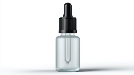 Realistic mockup of frosted glass cosmetic bottle with black dropper lid, skincare concept, professional presentation on pure white background