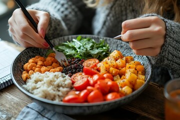 Person planning a daily menu for dieting, writing in a diary to stay motivated on the path to healthier eating, Generative AI