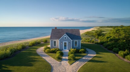Top-down drone capture of Cape Cod cottage with symmetrical lawn path late afternoon shadows stretch horizon sand tones