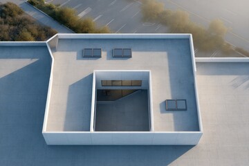 Top-down aerial view of flat-roof duplex with skylights crisp early morning light subtle fog layer gray asphalt concrete