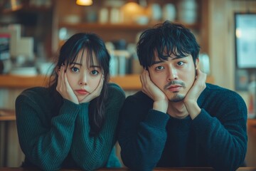 Family problems concept: Asian woman covering her face while sitting apart from her husband, feeling disappointed after an argument, Generative AI