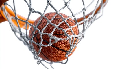 Dynamic shot of basketball partially inside the net, net stretched with motion tension, vivid orange ball texture, isolated on white background, perfect for sports branding