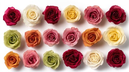 Flat lay composition of multiple assorted-color roses arranged in a loose pattern, isolated on white background, soft shadows and clean lines, great for seasonal promotions