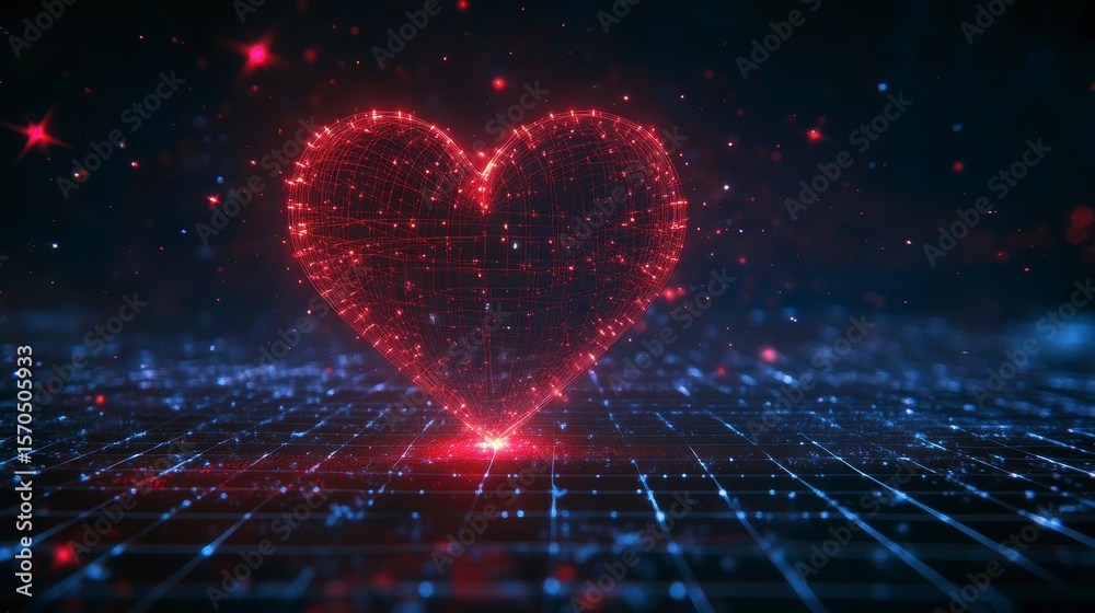 Poster glowing red heart shaped digital particles on grid.