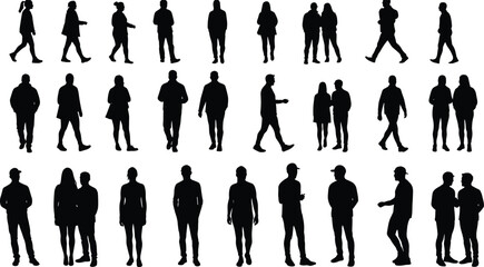 Silhouettes of people standing, walking, talking, posing, black figure group illustration, casual body language, modern urban lifestyle concept image