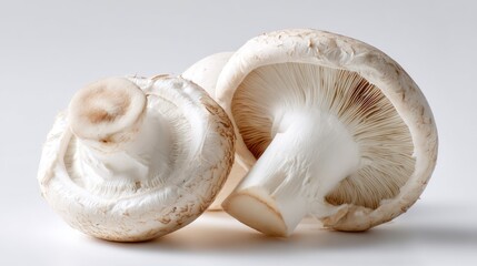 Close-up of two fresh white mushrooms, one sliced vertically showing interior detail, isolated on pure white background, crisp lighting, perfect for healthy food visuals