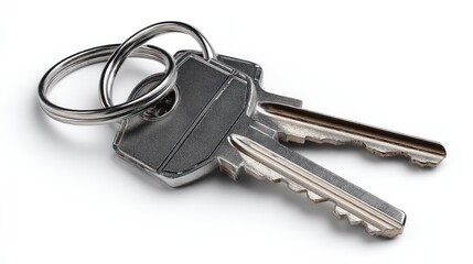 Close-up of modern house keys on a metal keyring, realistic shadow, isolated on clean white background, high-resolution image ideal for real estate and rental promotions