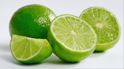 Close-up of vibrant green lime showing one whole, one halved, and two slices, sharp citrus details, isolated on seamless white background, natural lighting