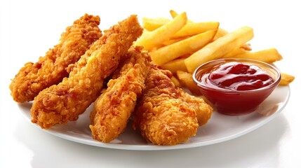 Crispy golden fried chicken tenders served with thick-cut French fries and a small cup of ketchup, arranged neatly on white background, perfect for fast food ads or menus