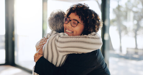 Business women, hug and happy at office with welcome, promotion or congratulations for success....