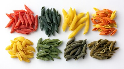 Overhead view of colorful pasta variations including spinach and tomato-infused pieces, isolated on seamless white background, ideal for health food branding