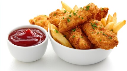 Plated crispy chicken tenders and fries with glossy ketchup in a ramekin, garnished lightly with herbs, clean isolation on white background, ideal for food blogs or branding
