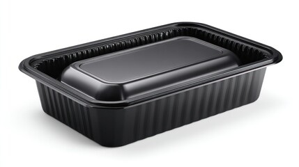 Realistic black plastic food tray with textured lid, shallow depth, centered composition on white background, suitable for ready-to-eat meal packaging or frozen food marketing