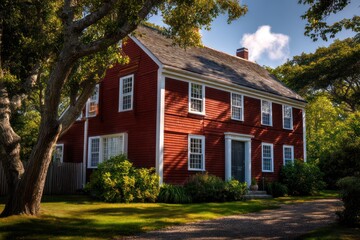 Traditional Cape Cod dwelling with red clapboard siding white trim illuminated by midday sun creating sharp shadows enhancing