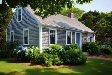 Traditional Cape Cod dwelling with blue-gray shingles white trim illuminated by midday sun casting sharp shadows enhancing the