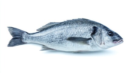Side view of raw sea bass fish, silver-gray color with subtle blue hues, sharp detail of texture and natural shadow, isolated on white, suitable for menu or packaging