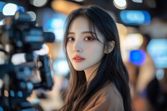 Asian female beauty social media influencer livestreaming a makeup tutorial via smartphone, engaging with her audience, Generative AI