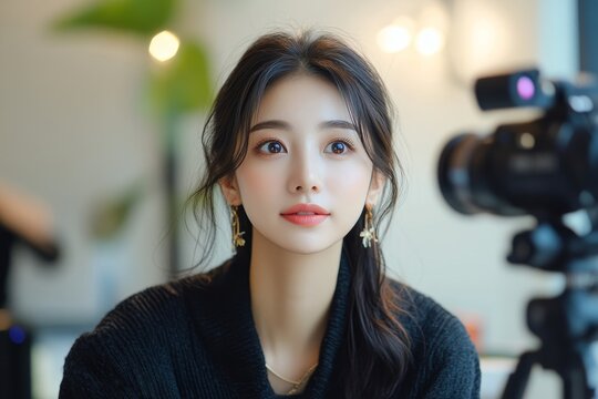 Asian female beauty social media influencer livestreaming a makeup tutorial via smartphone, engaging with her audience, Generative AI