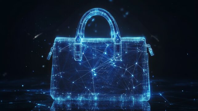 Futuristic glowing handbag, digital art, fashion accessory.