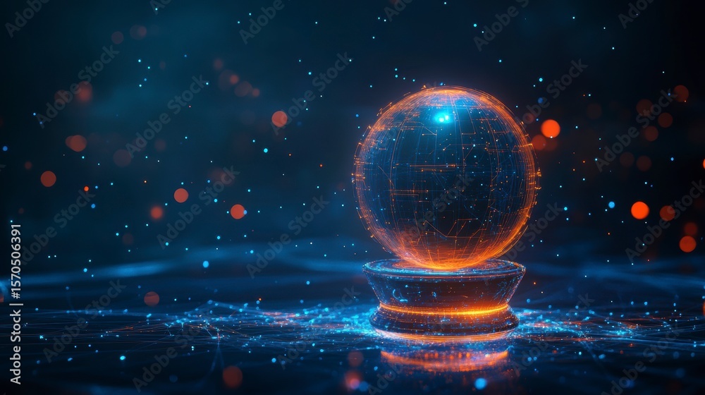 Poster Glowing crystal ball on dark background with particles.