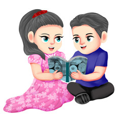 girl and boy reading together