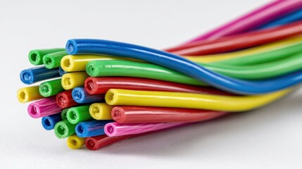 Bundle of modern insulated electrical cables in vibrant colors, partially untangled and spread out flat, isolated on bright white background, space for branding or technical specs
