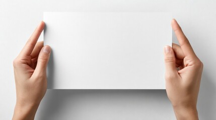 Both hands gently holding a white rectangular sheet from the bottom, clear empty space in the center, realistic lighting and texture, isolated on white background