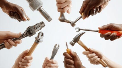 Close-up of several hands reaching in from sides, each holding a unique DIY tool, perfect for team collaboration concept, isolated on pure white background with space for branding