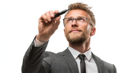 Confident businessman in formal suit writing with black marker in the air, as if on transparent screen, focused expression, isolated on white background, perfect for corporate strategy visuals