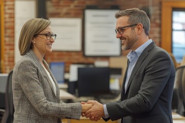 Business deal success: Business professionals shaking hands in the office after finalizing the contract, Generative AI