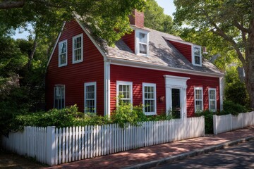 Traditional Cape Cod dwelling with red clapboard siding white trim illuminated by midday sun creating sharp shadows enhancing