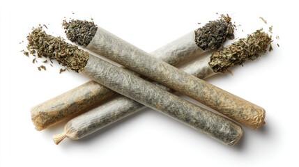 Top-down view of four cannabis joints arranged in an X shape, visible details of rolling paper and compacted filling, isolated on white background for lifestyle or medical content