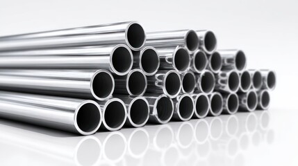 Top-down view of stacked PVC and metal pipes in mixed sizes, aligned neatly with detailed reflections, isolated on pure white background with room for text or infographic
