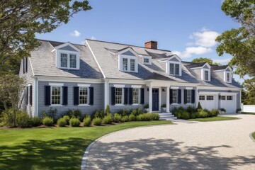 Traditional Cape Cod house with light gray clapboard navy shutters captured under clear skies with top-down lighting emphasizing