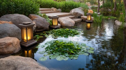 Tranquil koi pond with floating lily pads brushed bronze lanterns side-lit with golden hour rays shallow water reflections
