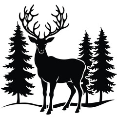 Majestic stag standing proudly among pine trees silhouette
