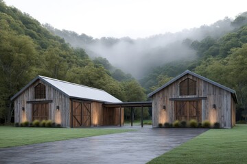 Twin barn-style units connected by breezeway fog rolling background trees gentle top-down light on timber siding cinematic haze