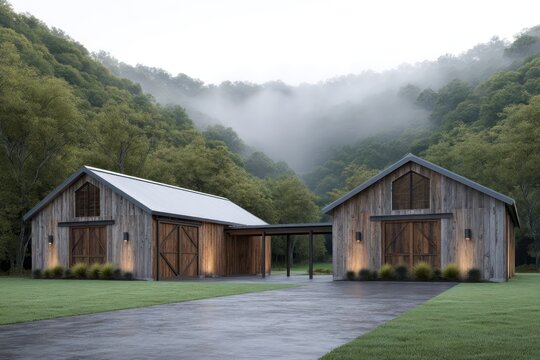 Twin barn-style units connected by breezeway fog rolling background trees gentle top-down light on timber siding cinematic haze