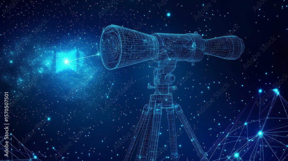 Poster wireframe telescope pointed at a bright star in a dark night sky with constellations.