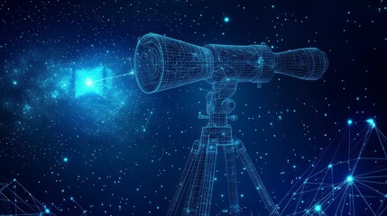 Wireframe telescope pointed at a bright star in a dark night sky with constellations.